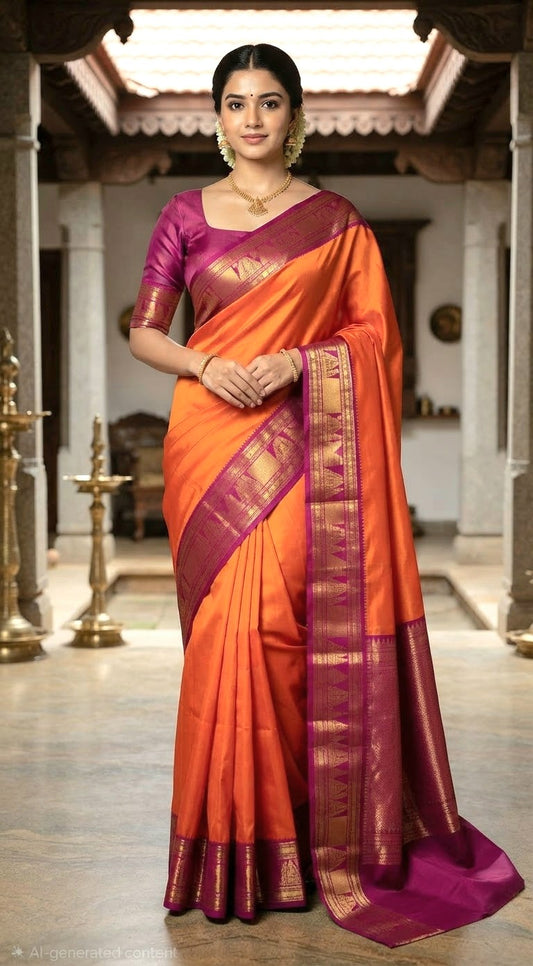 Pure kancheepuram silk saree with majenta zari border- stitched blouse