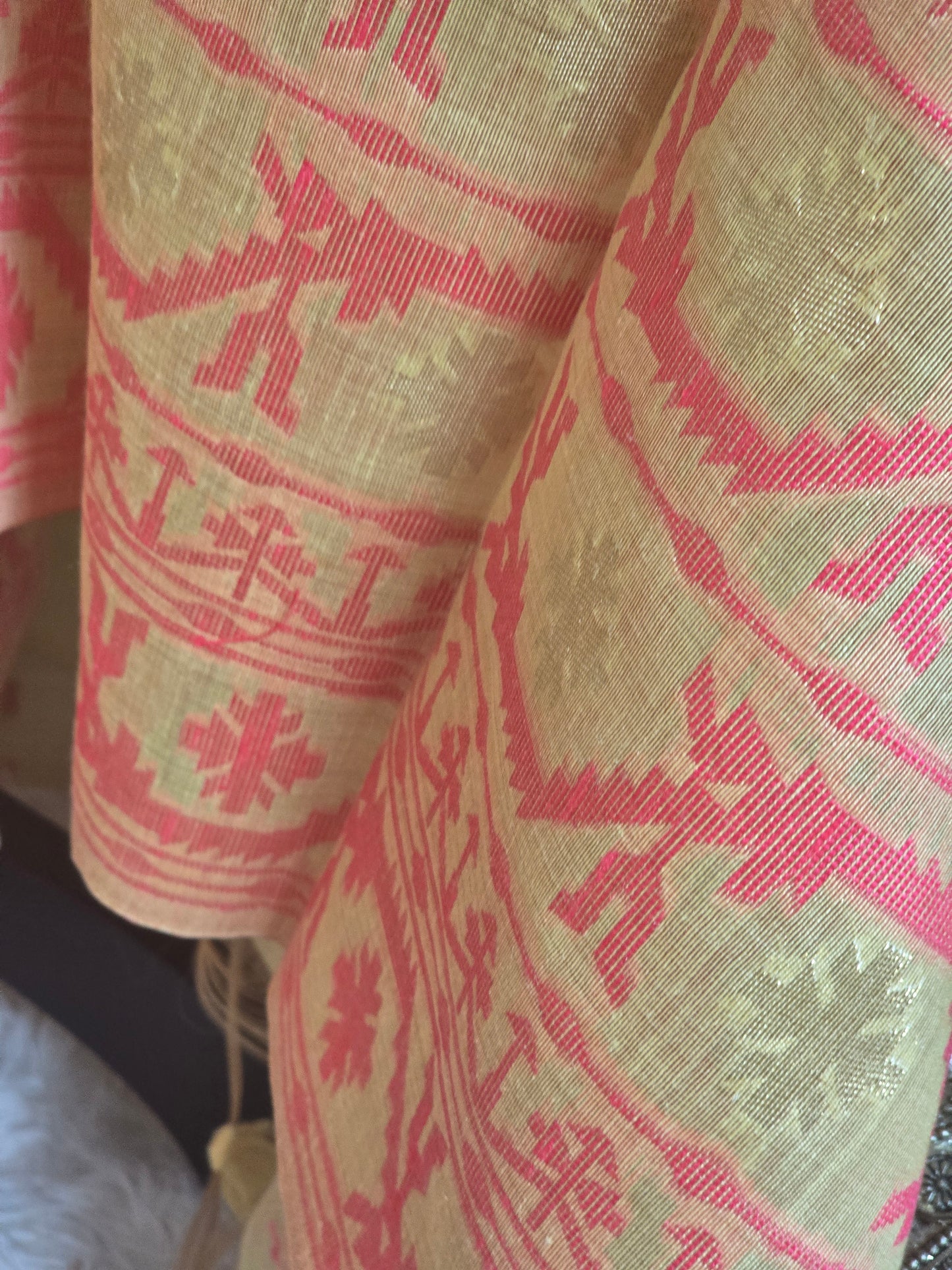Soft cotton tussar saree with jamdani weaving ( Light yellow pink)- BP