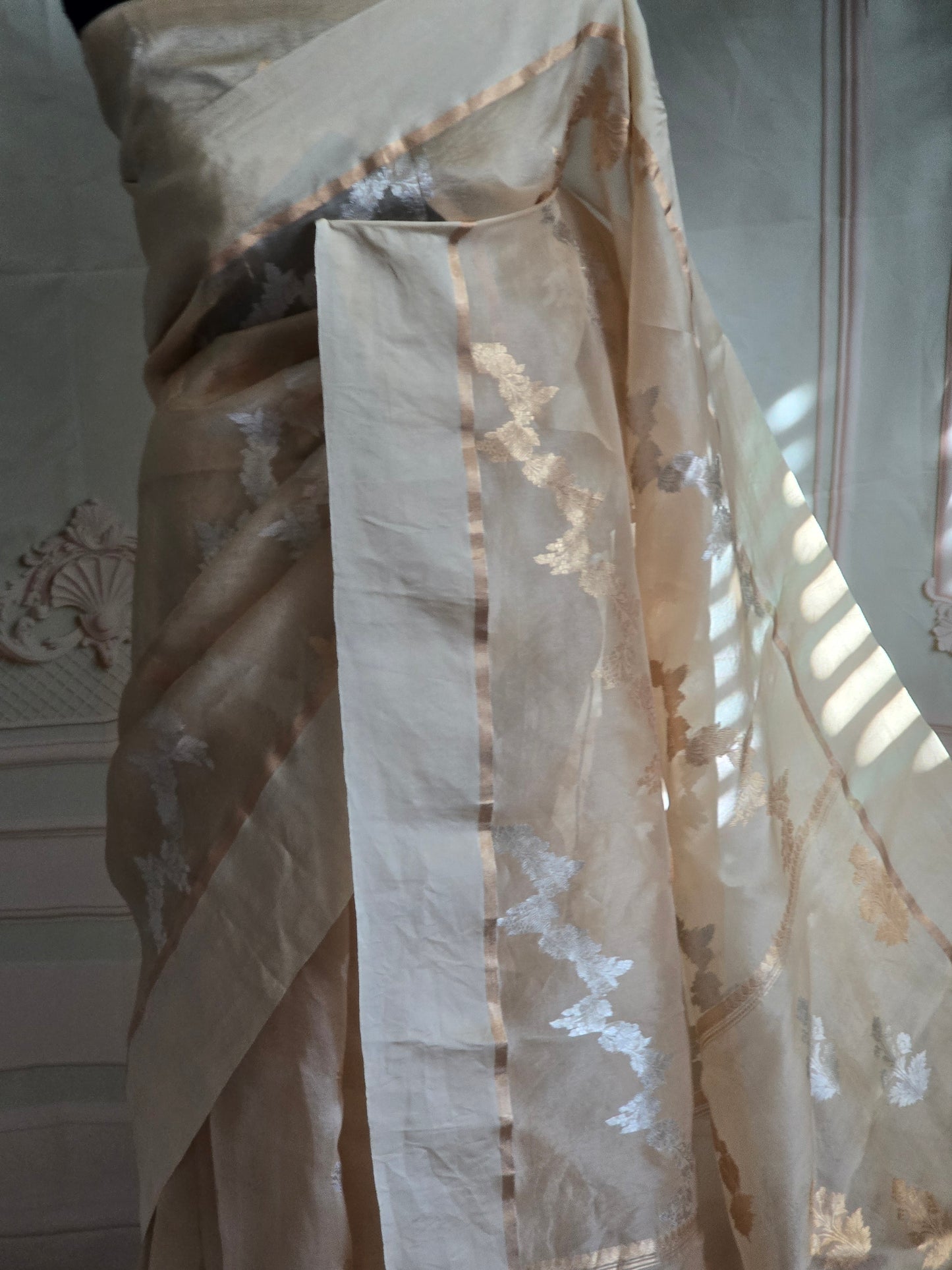 Beige golden shade-Kora Organza saree with golden weaves- Stitched blouse
