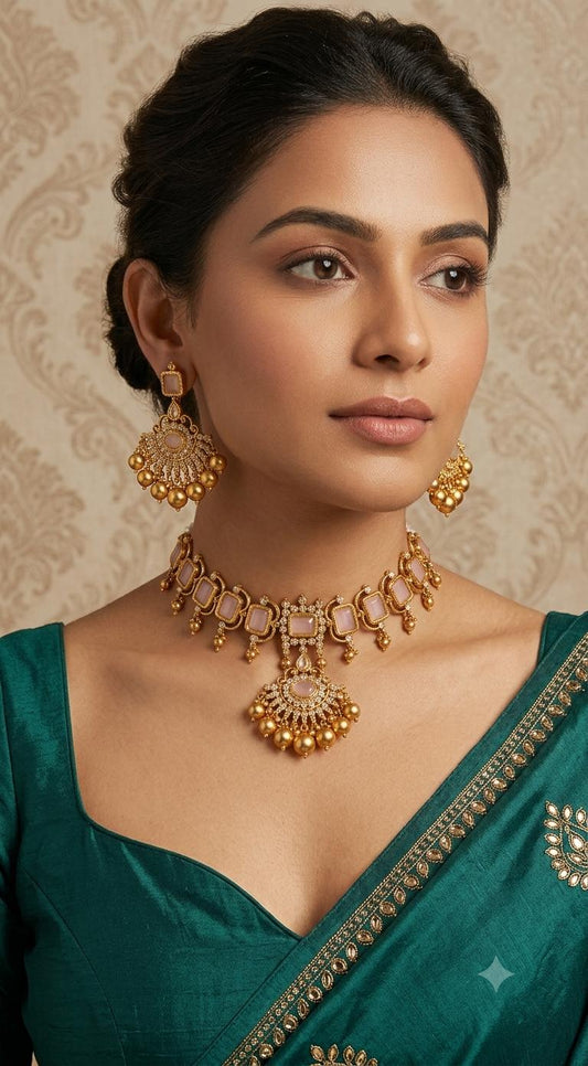 Imitation moissanite necklace set with earrings(blush pink)