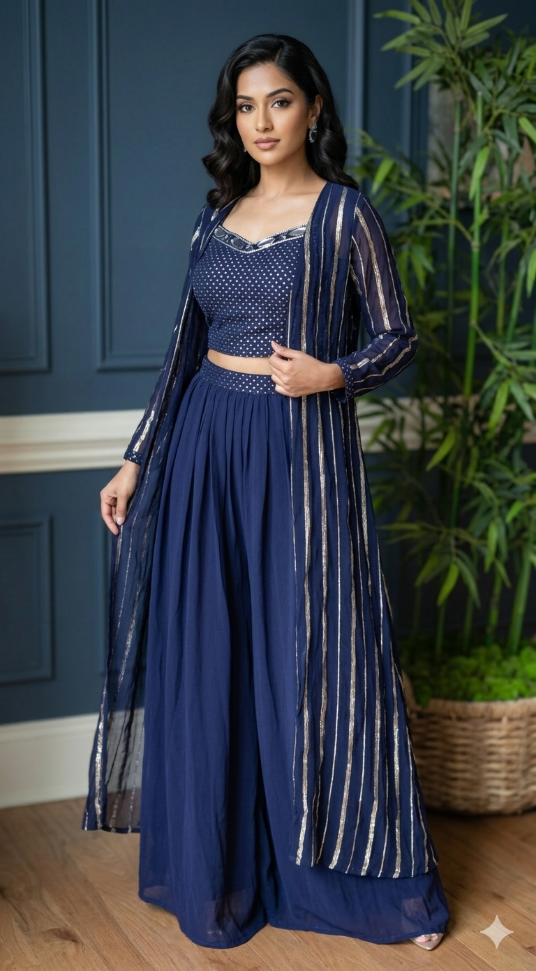 Flayered palazo 3 pc party wear set( Navy blue)