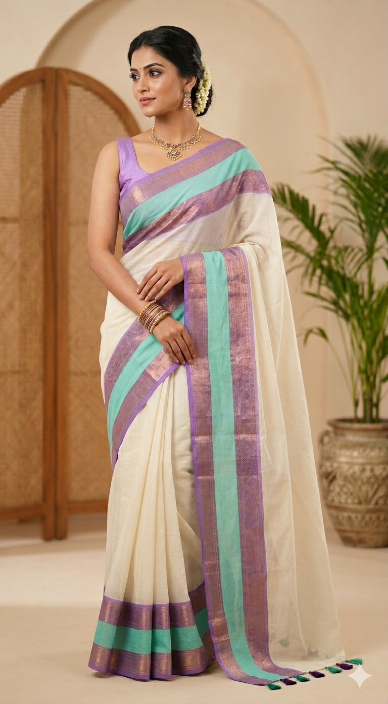 Mul cotton saree with sea green /lavdner border (fall and pico done)NO Blouse piece
