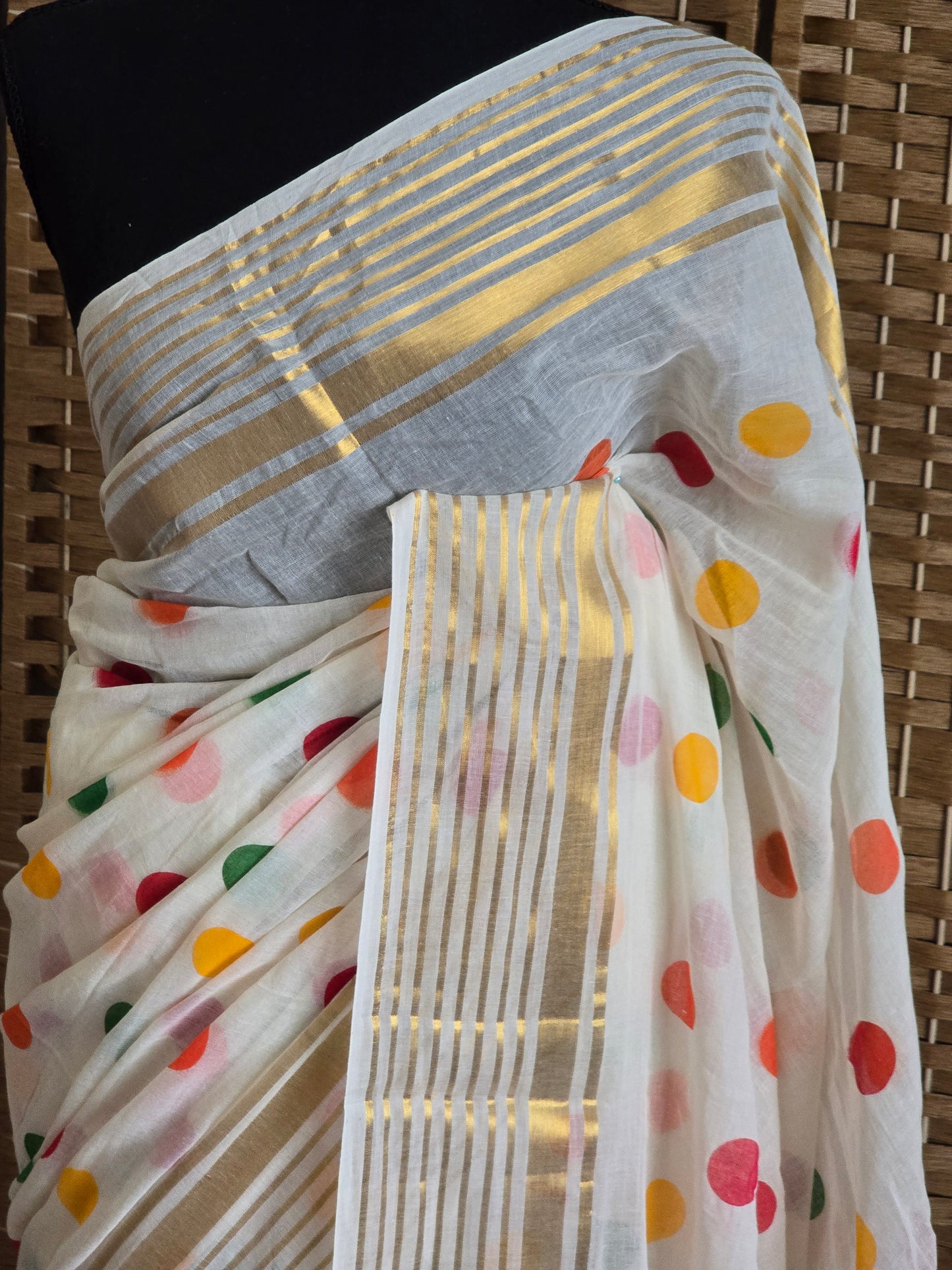 Mul cotton saree with multi color polka dots and border (fall and pico done)NO Blouse piece