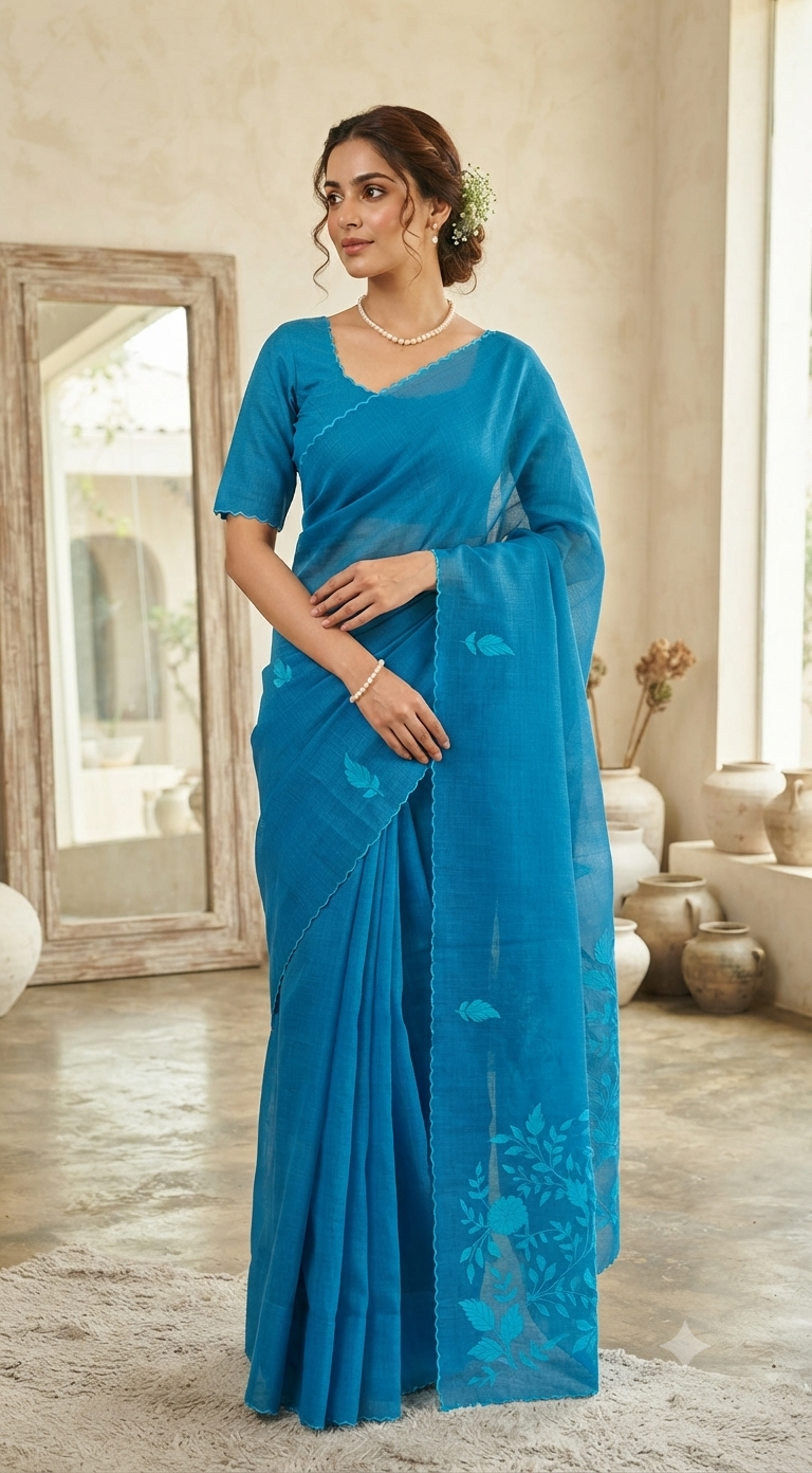 Kota cotton saree with applique design- stitched blouse