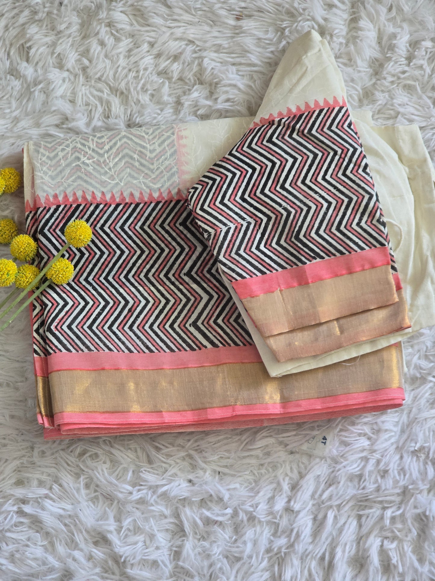 Premium cotton kerala saree with block print- stitched blouse