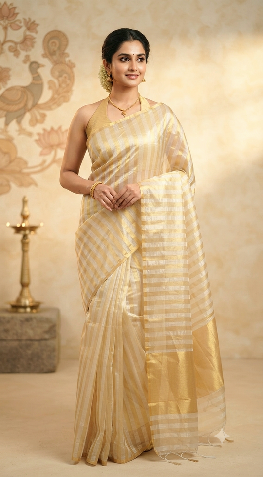 Semi organza saree with golden zari stripes ( fall and pico ready)