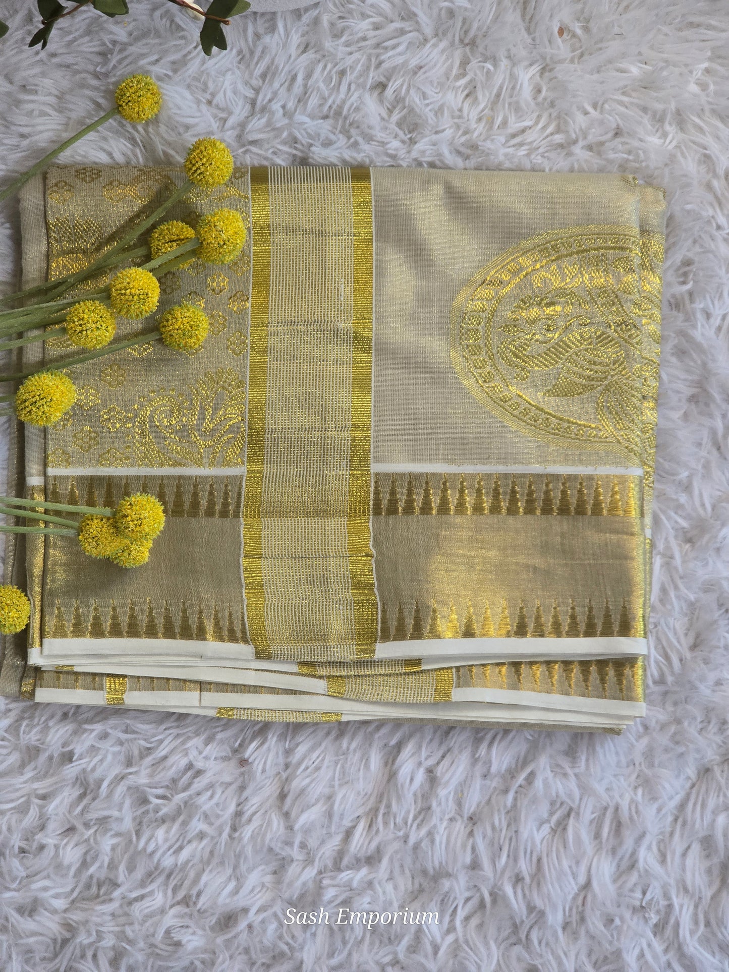 Premium cotton tissue saree with temple border weaving
