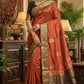 Burnt orange/brown pure kancheepuram silk mark saree with stitched blouse/fall/pico