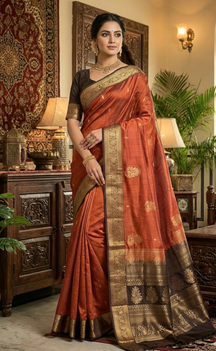 Burnt orange/brown pure kancheepuram silk mark saree with stitched blouse/fall/pico
