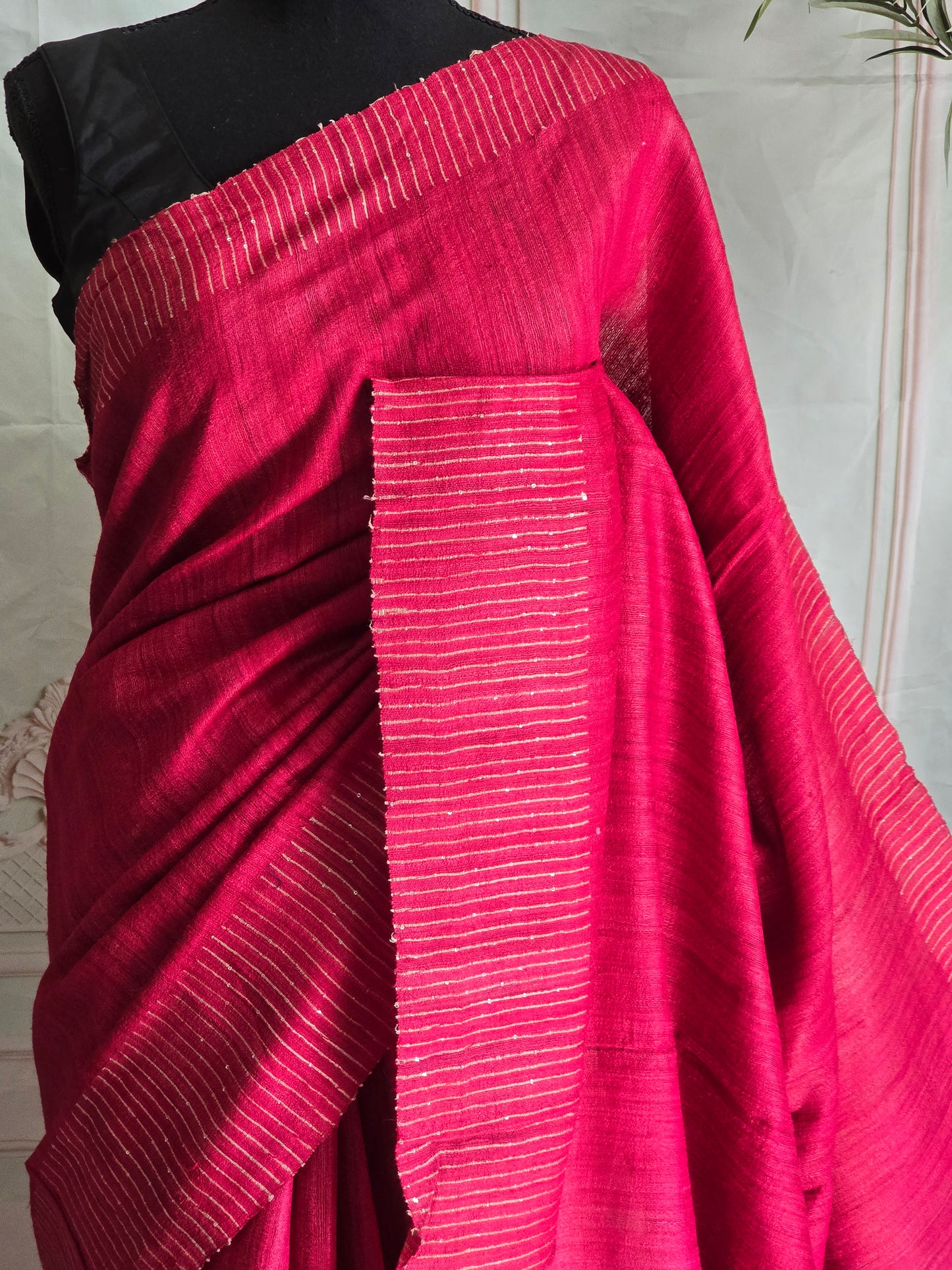 Pure jute silk saree with stitched blouse (sleevless black stripes)
