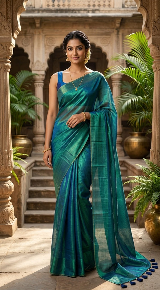 Semi tissue( peacock blue/green) saree - No BP