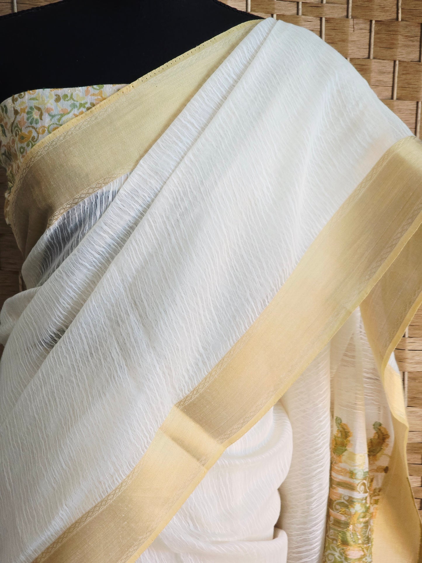Semi crape kerala saree with printed ( stitched) blouse