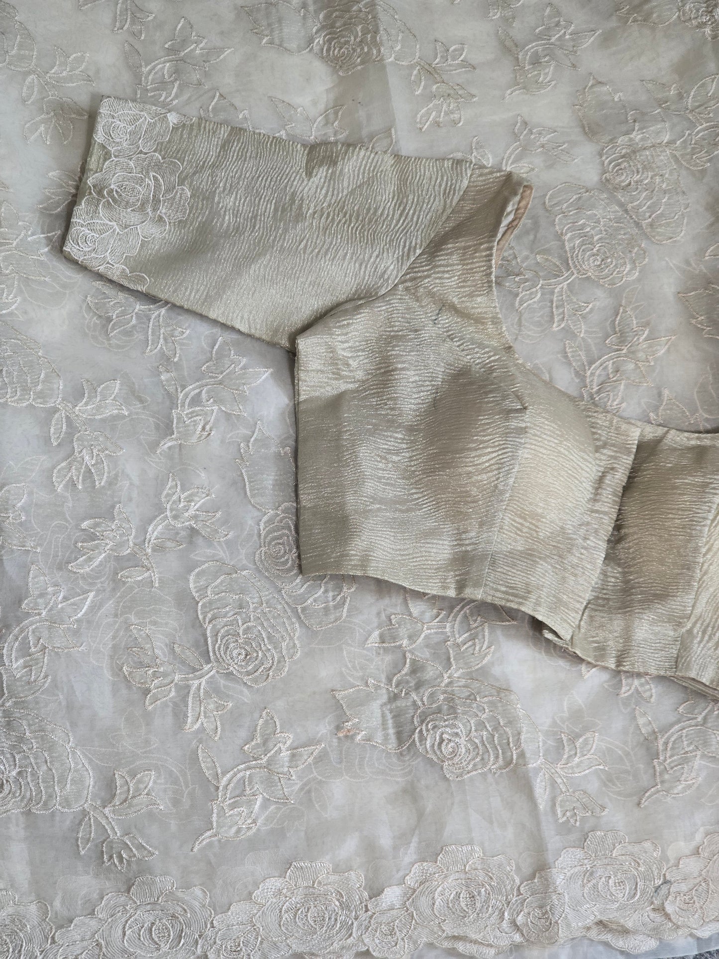 Pure organza saree (off white) with applique work- stitched blouse