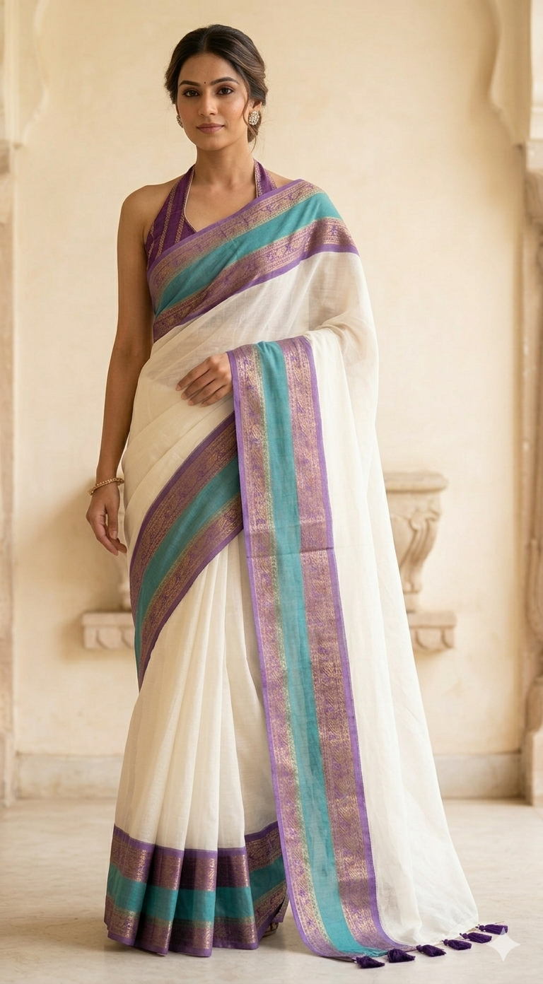 Mul cotton saree with blue and lavender kanchee border (fall and pico done)NO Blouse piece