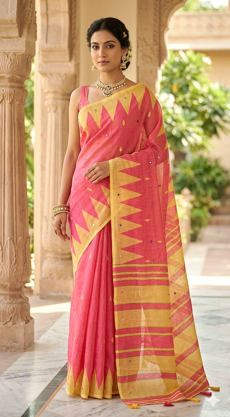 Linen cotton saree with pink/yellow with mirror work- BP (Fall/pico done)