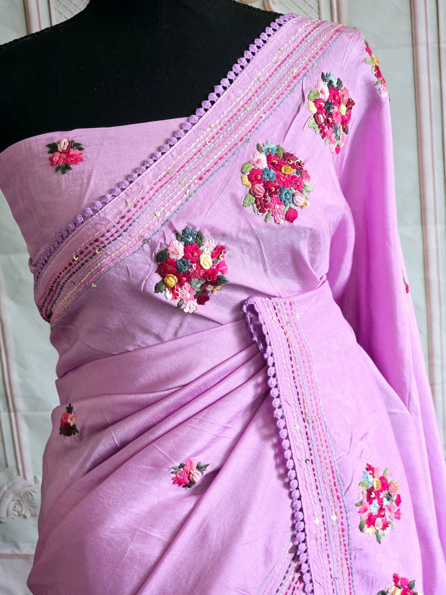 Russian silk (lavender)saree with french knot heavy work-stitched blouse