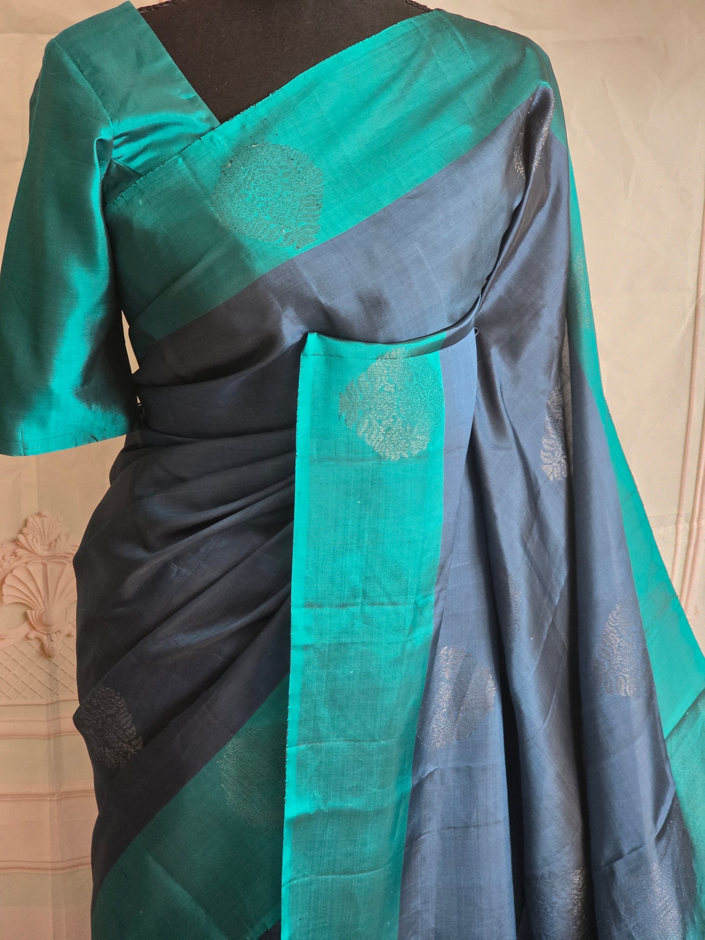 Kancheepuram soft silk with bluish grey and blue combo- Stitched blouse