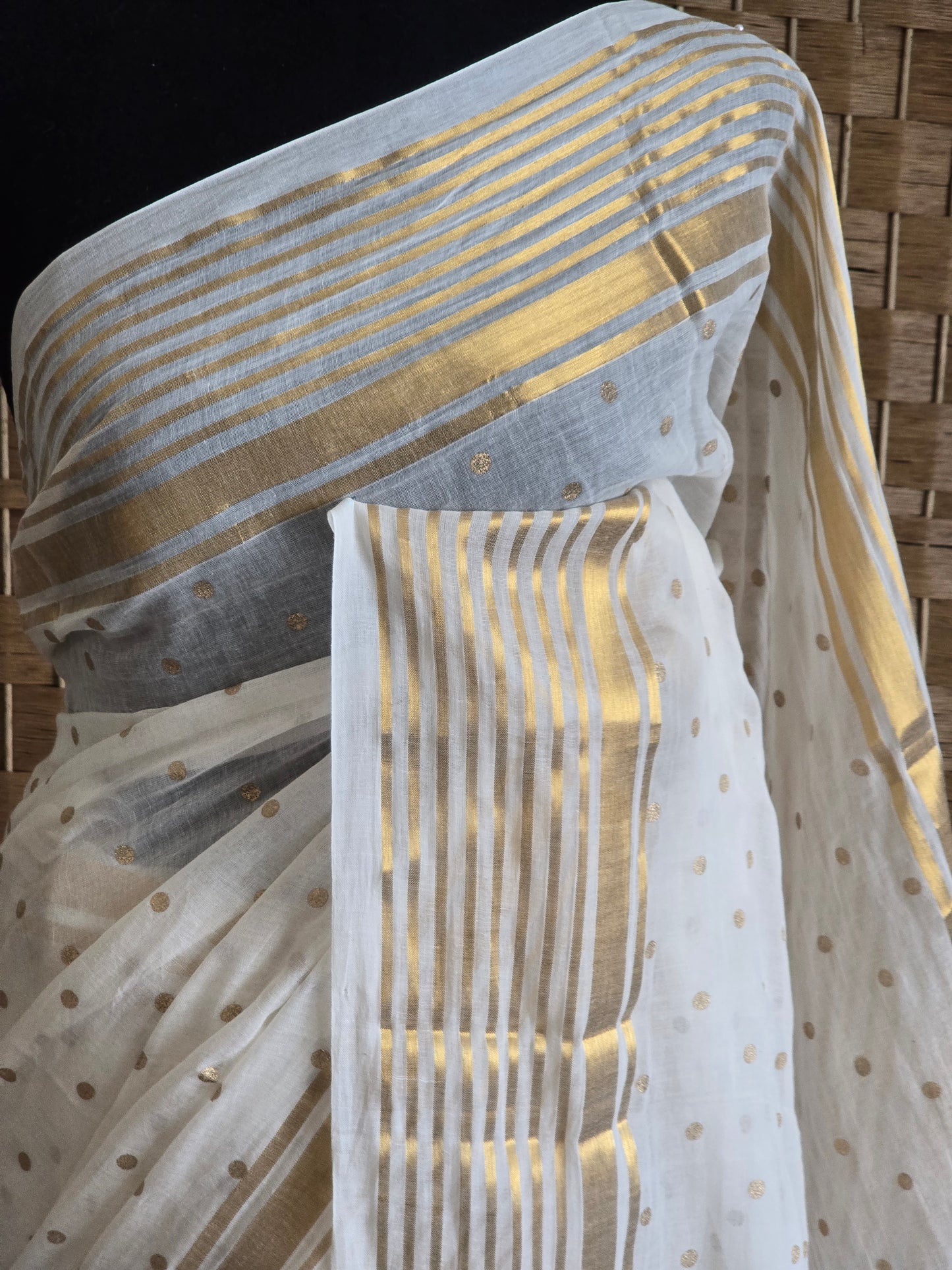 Mul cotton saree with small gold buttas and border (fall and pico done)NO Blouse piece