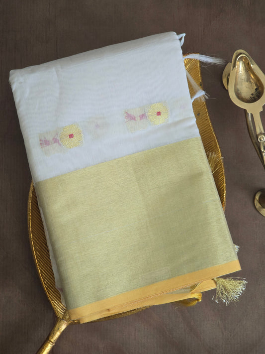 Soft Chanderi Kerala saree with golden border and butas