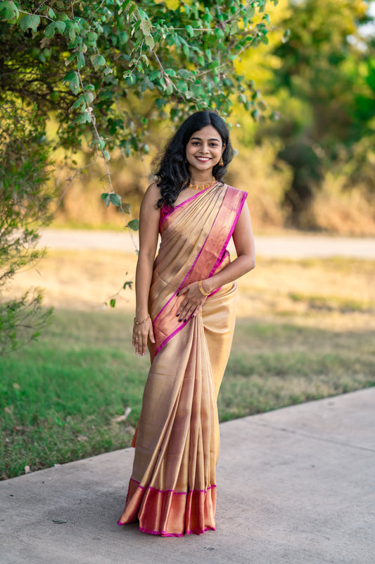 Semi tissue saree with pink border- blouse pc