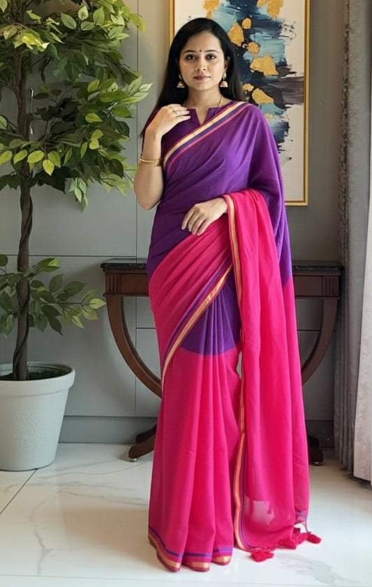 Mul cotton saree(duel tone)with fall and pico- No BP