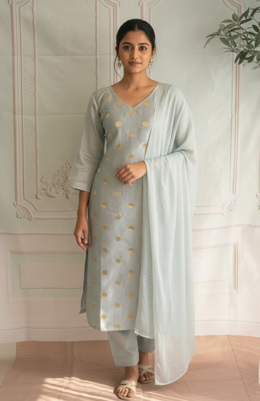 Bluish grey semi silk 3 pc salwar suit set