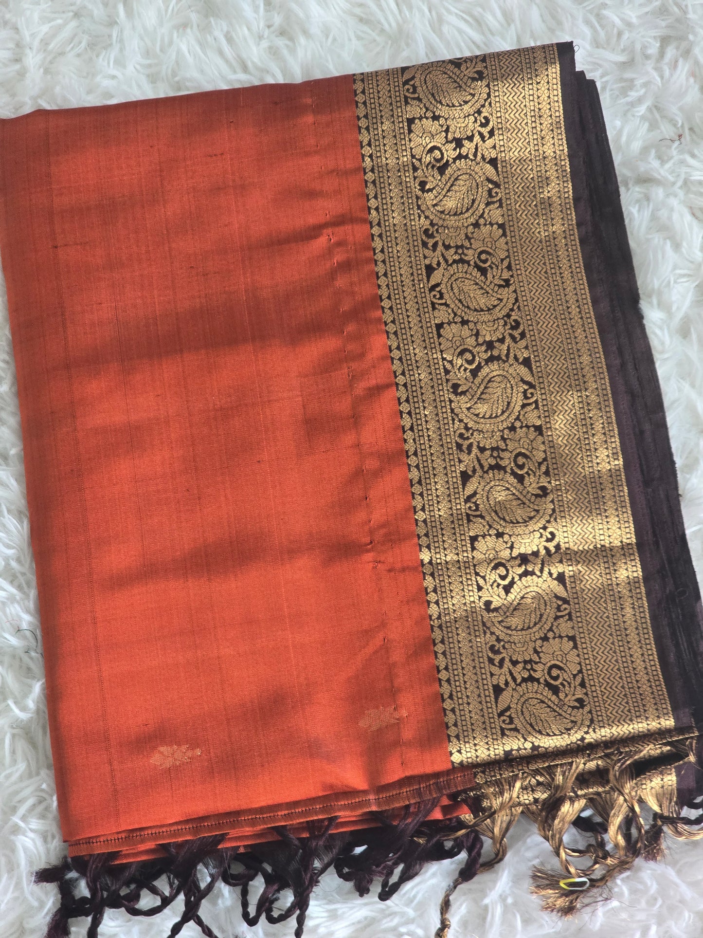 Burnt orange/brown pure kancheepuram silk mark saree with stitched blouse/fall/pico