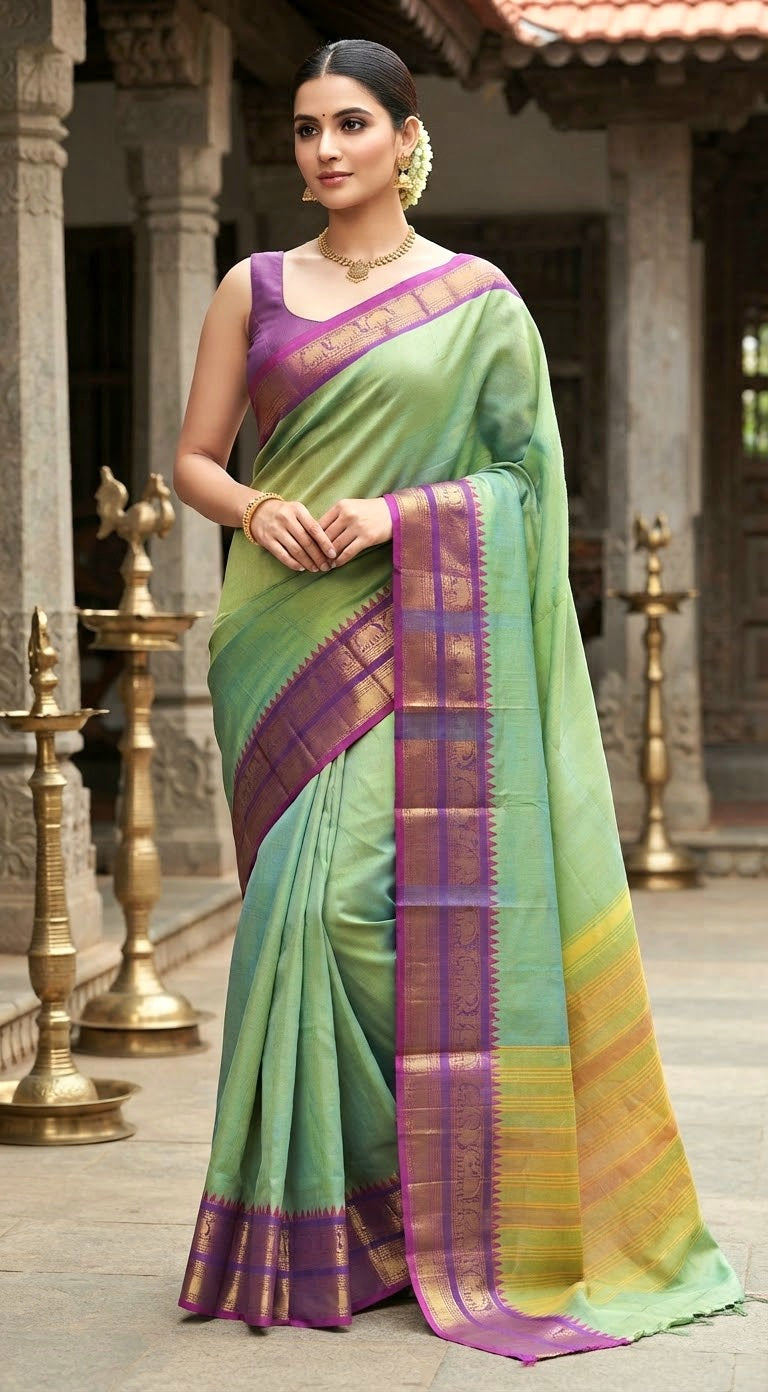 Chettinad cotton saree with stitched blouse ( elbow sleeve)