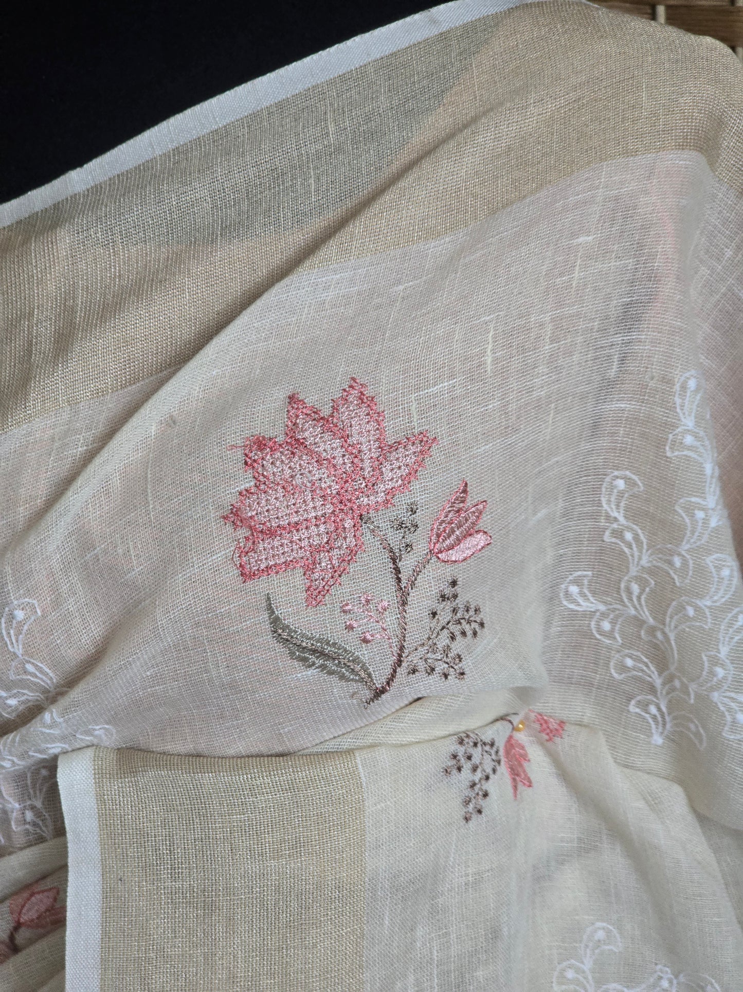 Linen cotton saree with stitched blouse-creme/ peach combo