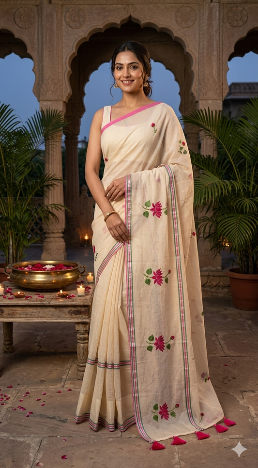 Mul cotton saree- sandal creme (Fall/pico done)No Bp