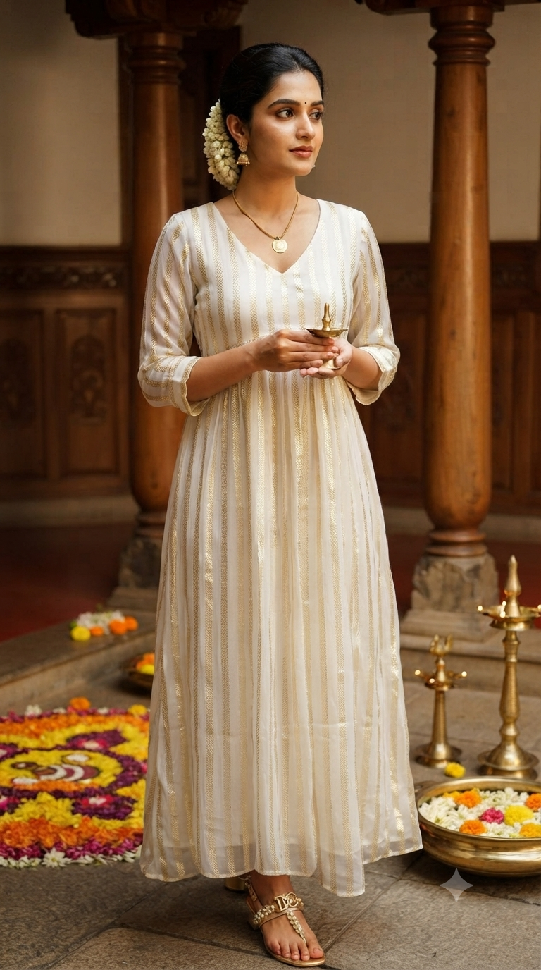 A line kurti with golden stripes ( off white)