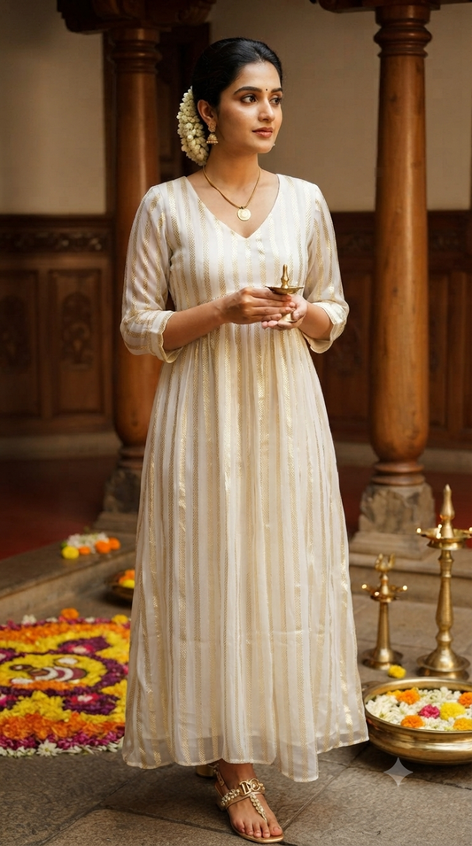 A line kurti with golden stripes ( off white)