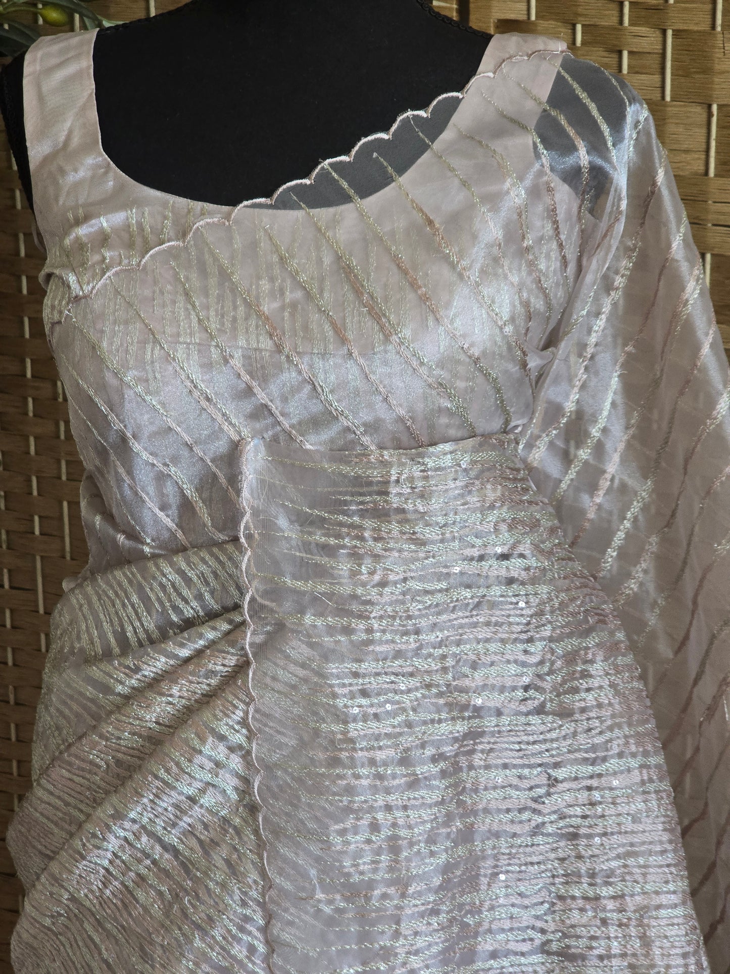 Pure organza designer saree with stitched blouse( golden beige shade)