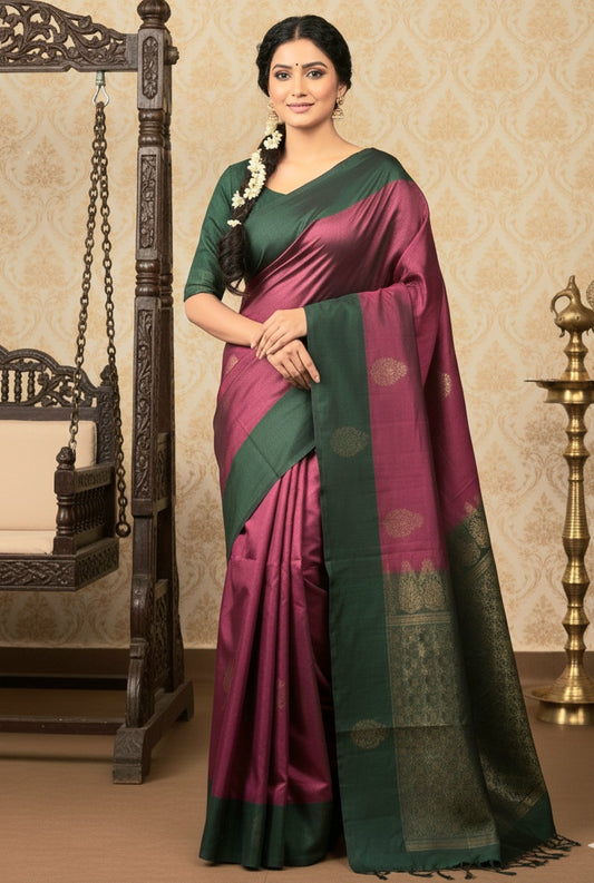 Kancheepuram soft silk with bluish grey and blue combo- Stitched blouse