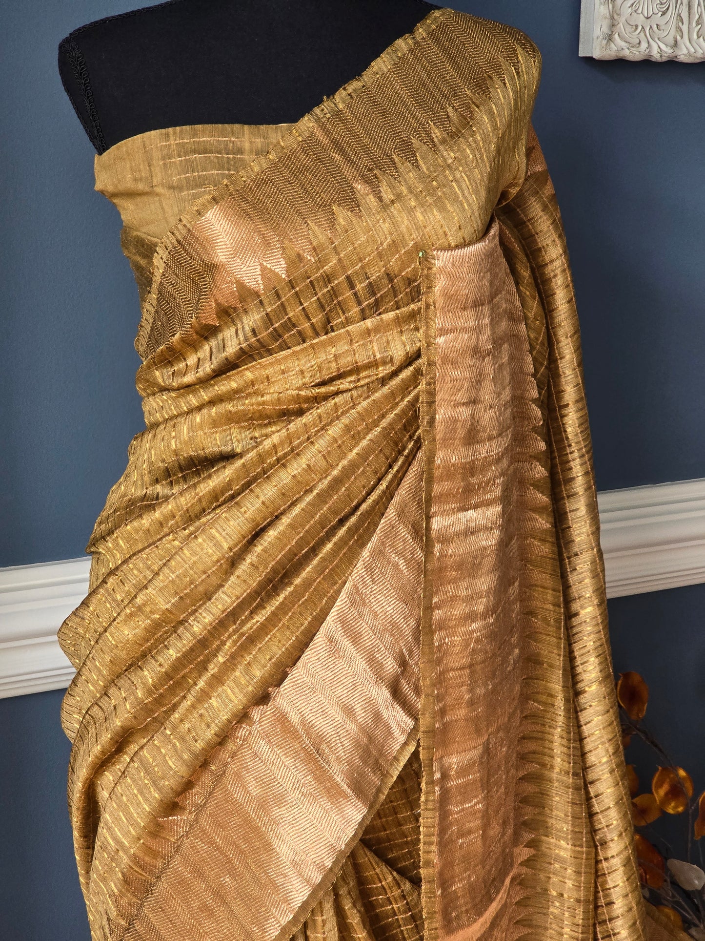Yellowish gold matka silk saree with gold zari border- stitched blouse