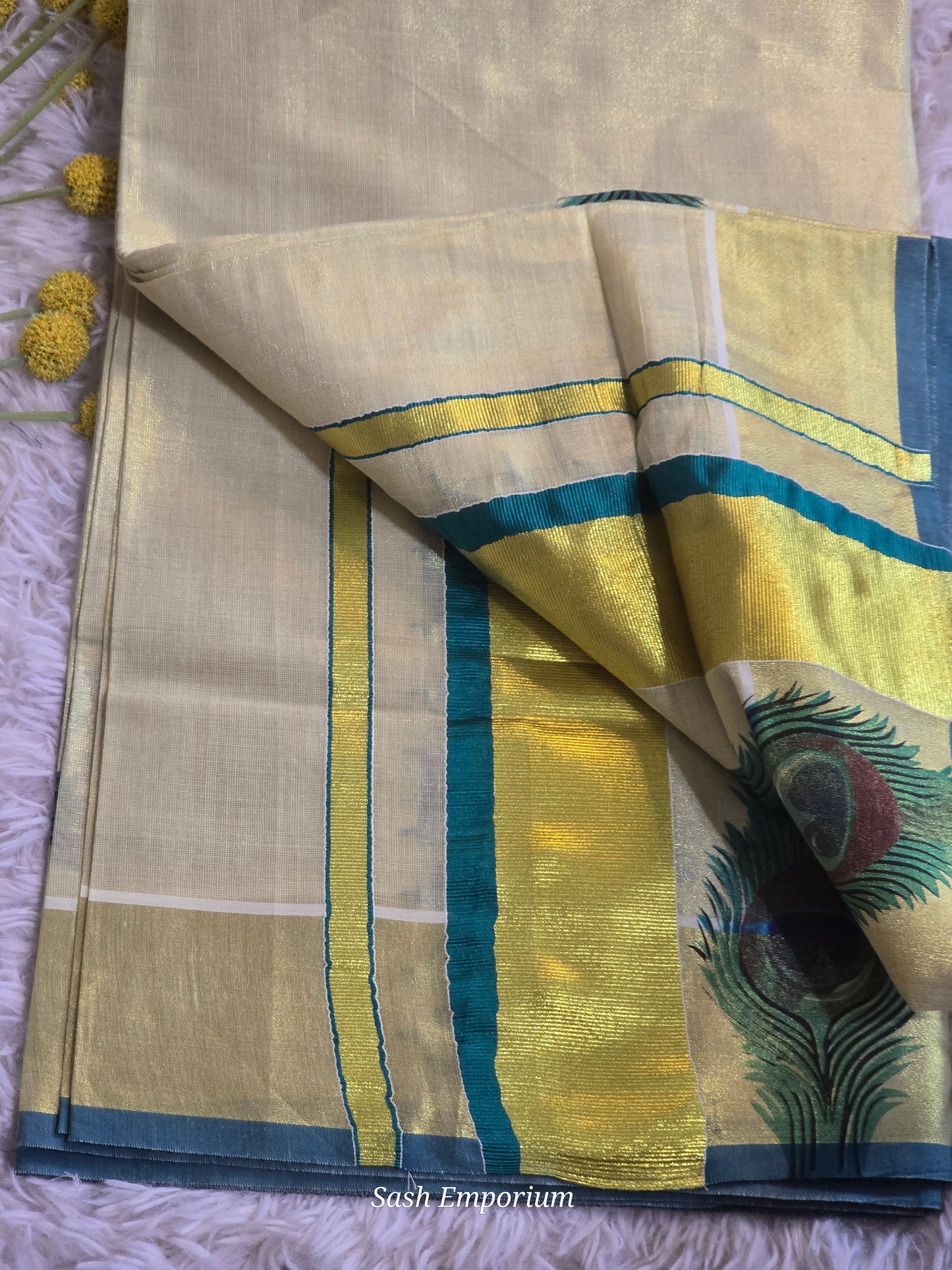 Tissue set saree with blue gold peacock design
