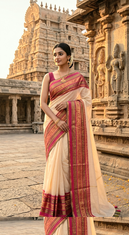 Mul cotton saree with pink border- NO BP