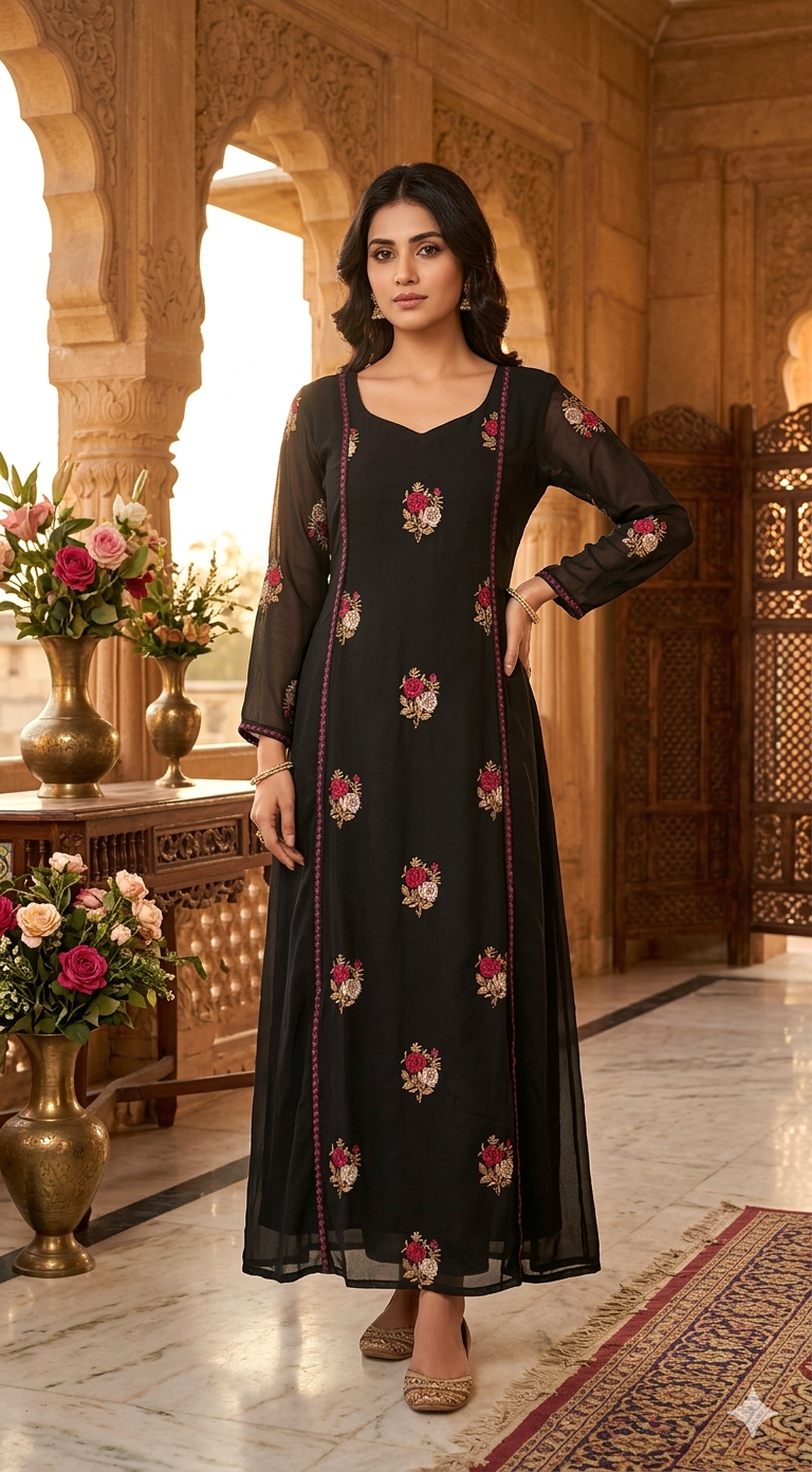 Faux georgette A-line top (black) with floral work-kurti