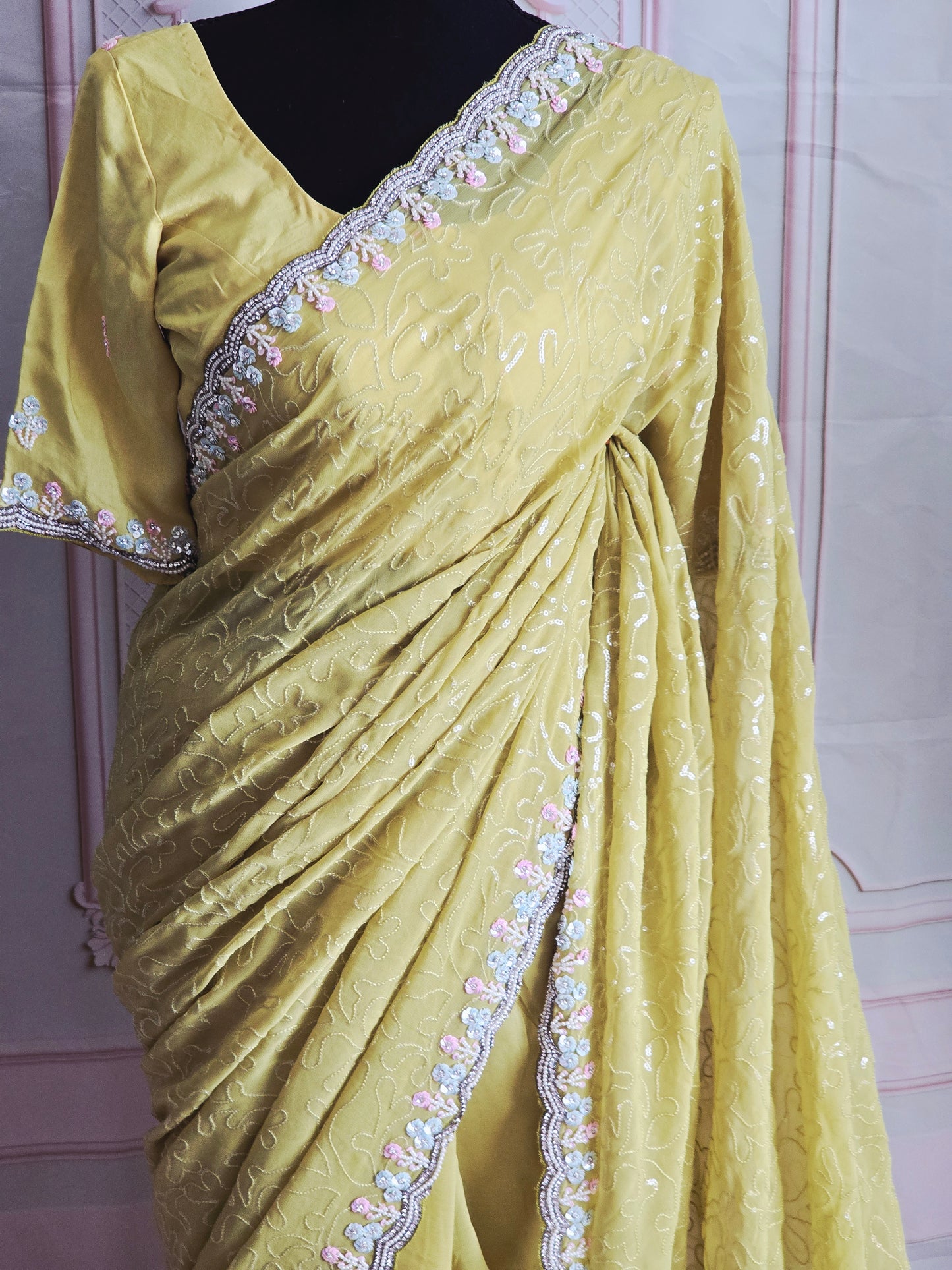 Georgette crape-designer saree( Lemon yellow) with handwork-stitched blouse