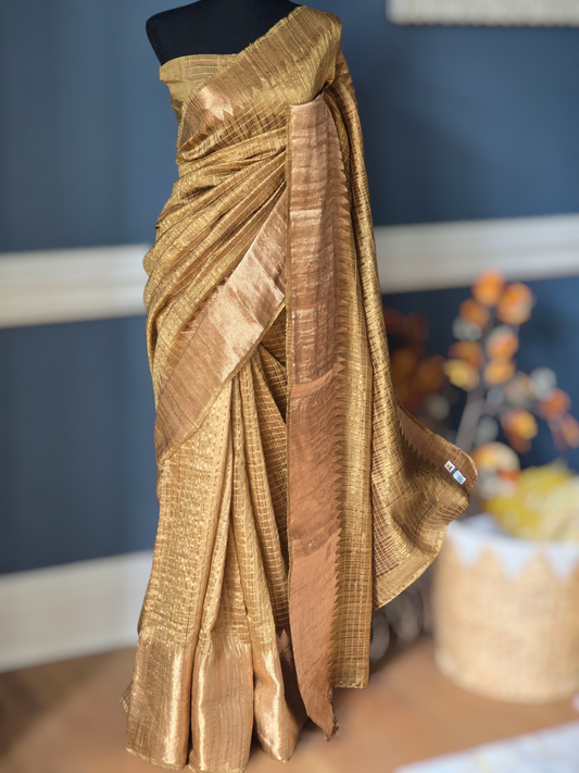 Yellowish gold matka silk saree with gold zari border- stitched blouse