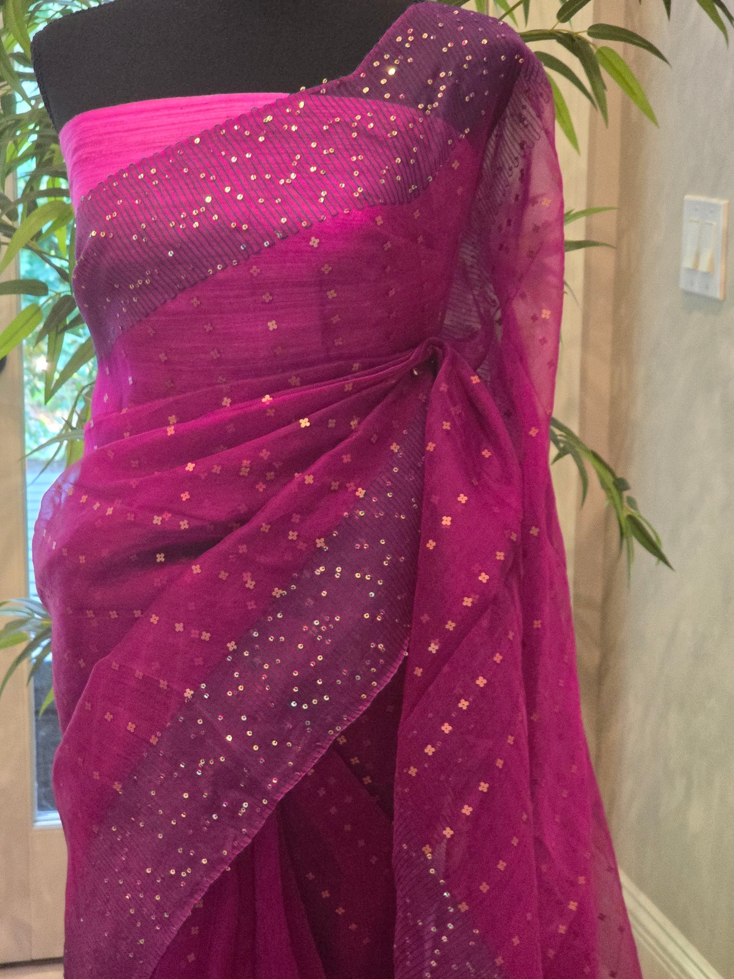 Pure muslin silk saree with sequins-stitched blouse