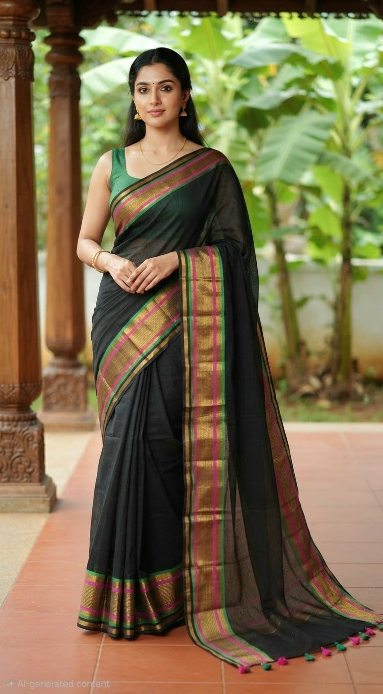 Mul cotton saree with black amd green kanchee border