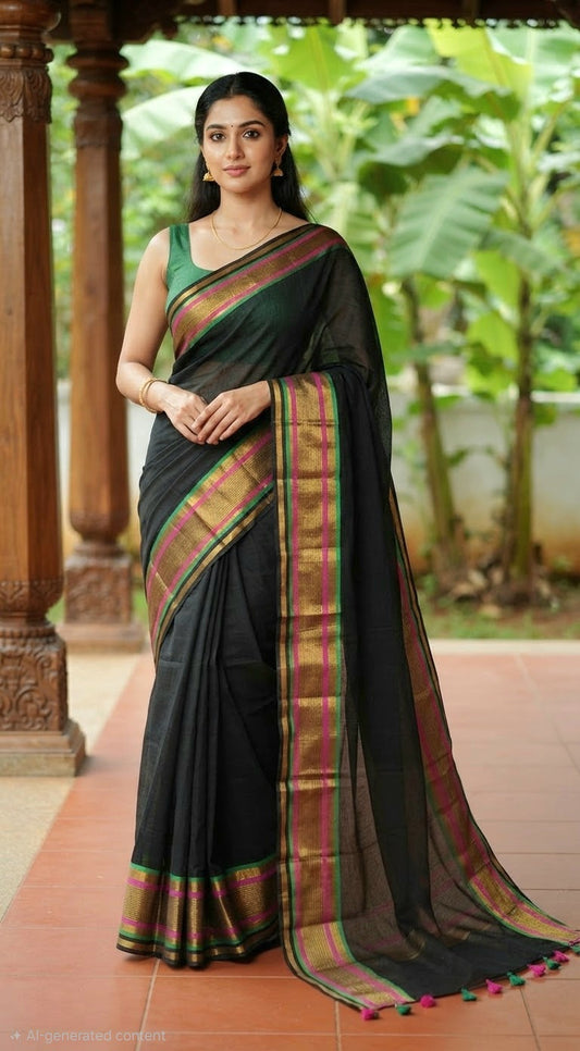 Mul cotton saree with black amd green kanchee border