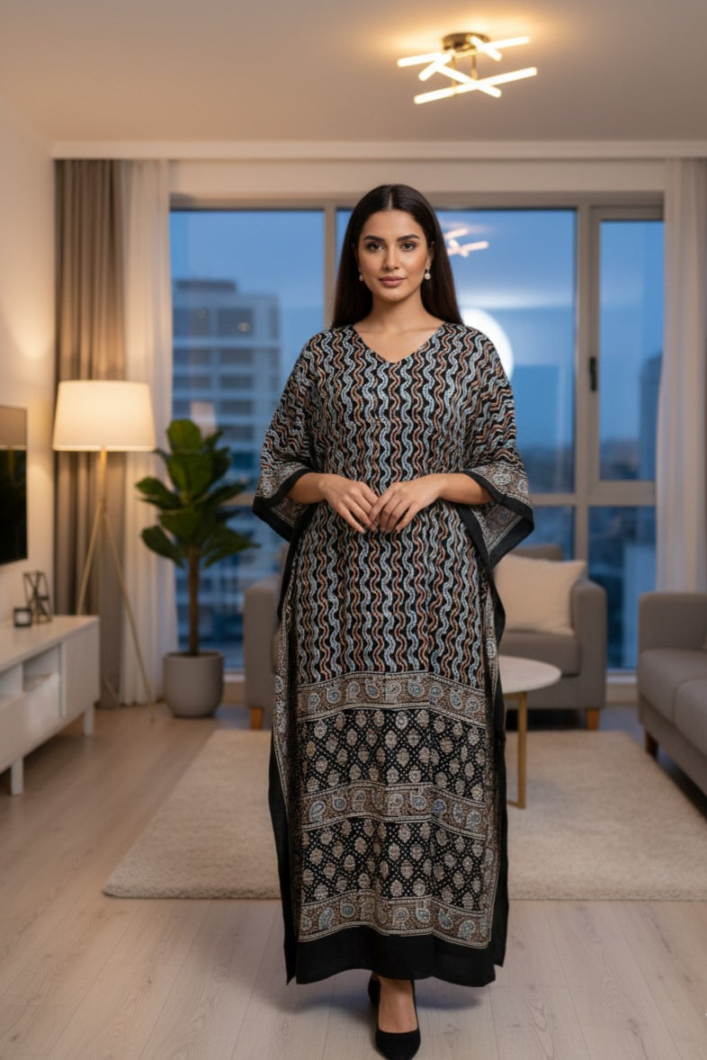 Kaftan on modal silk with ajrakh print
