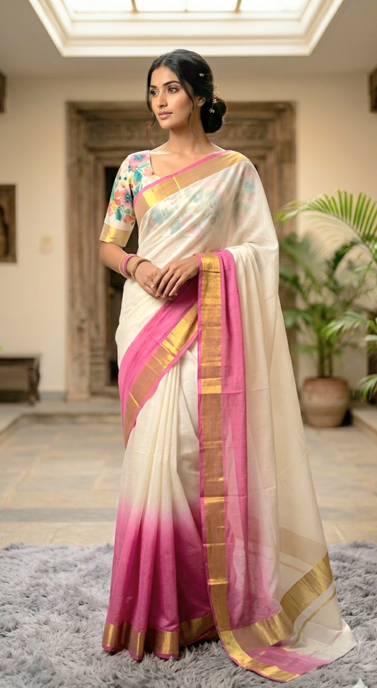Premium cotton kerala saree duel tone- stitched printed blouse