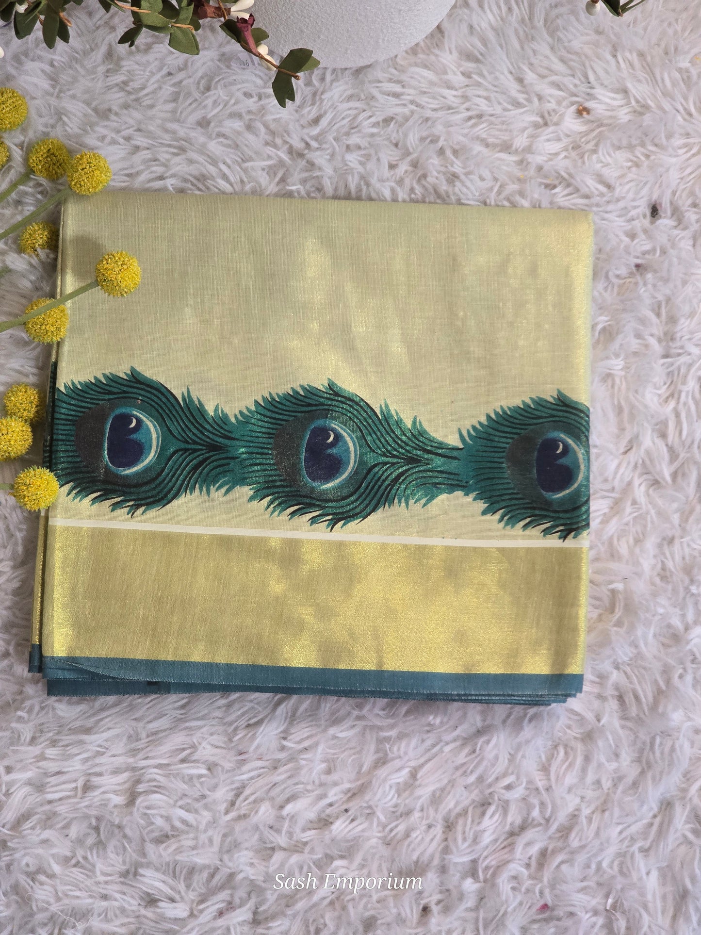 Tissue set saree with blue gold peacock design