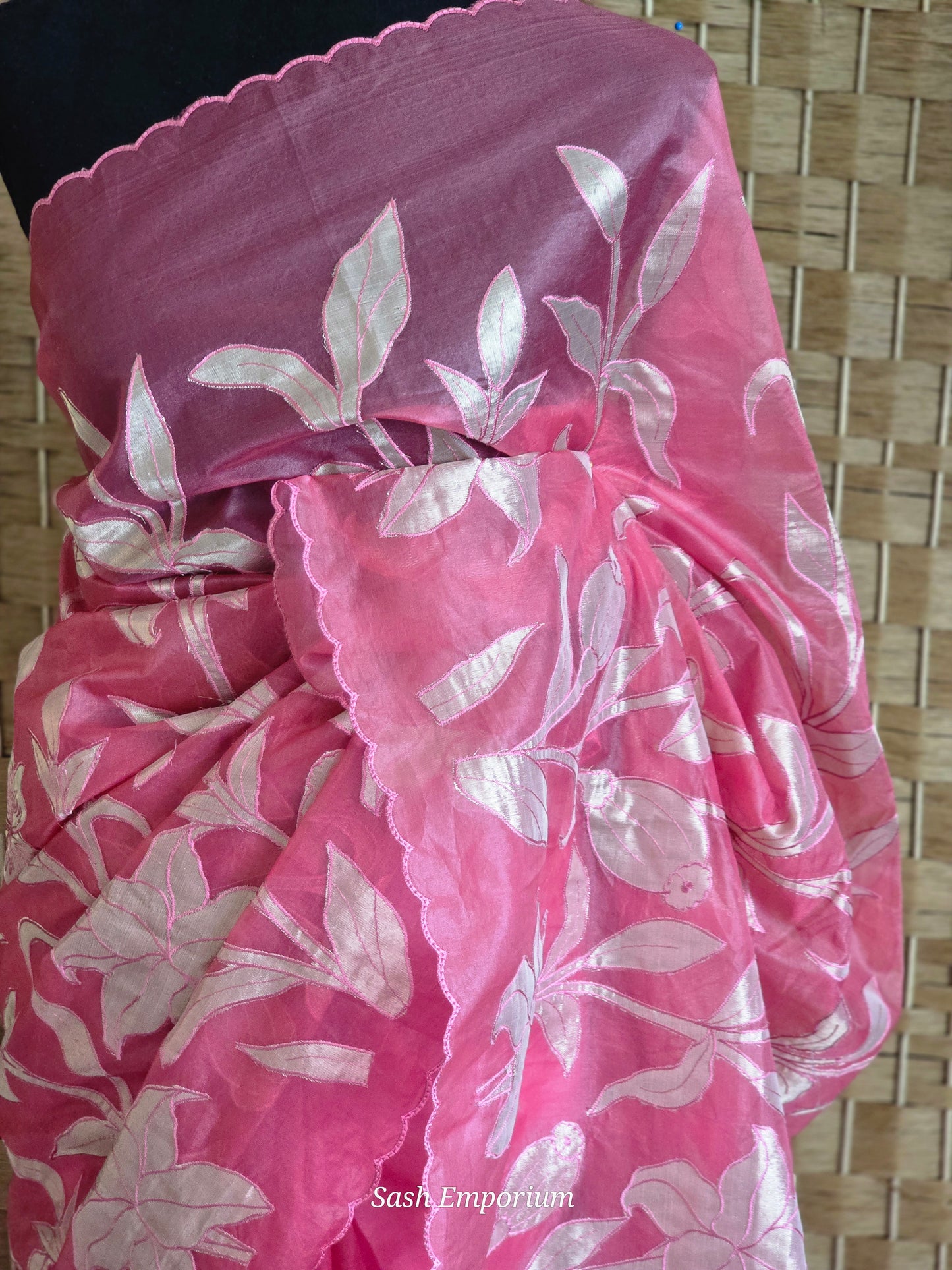 Turquish organza saree (pinkish peach) with applique work- stitched blouse