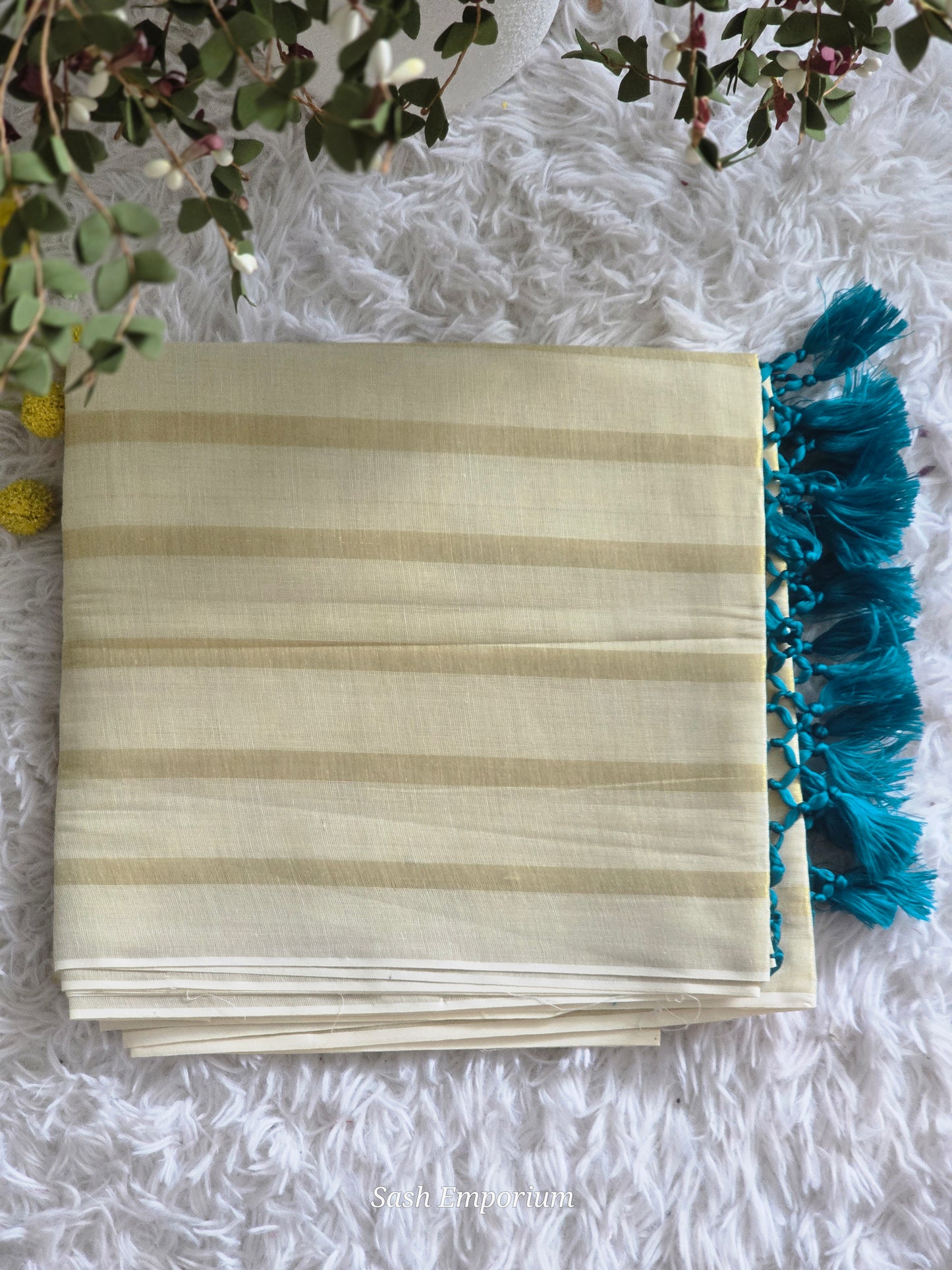 Cotton set saree with gold stripes