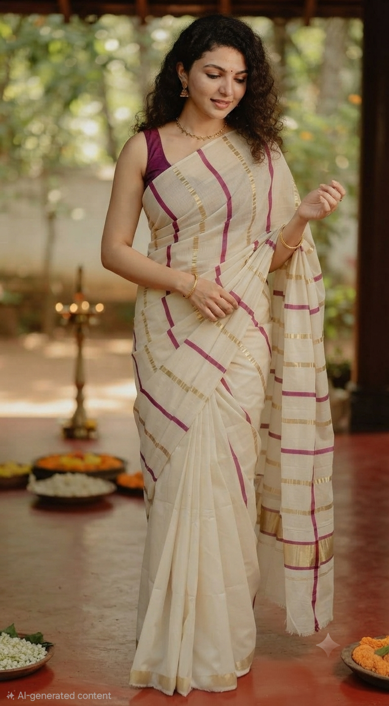 Soft cotton onam saree with purple/ gold stripes