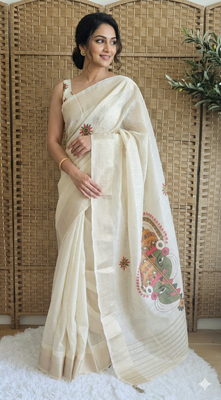 Semi silk (golden beige) saree with traditional ( kadhakali) design- stitched blouse